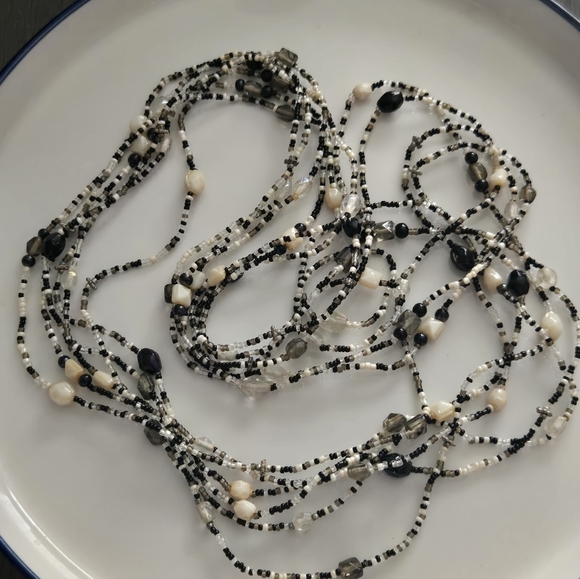 Black & Ivory Beaded Boho Multi-Strand Necklace Set 3 - Picture 4 of 8